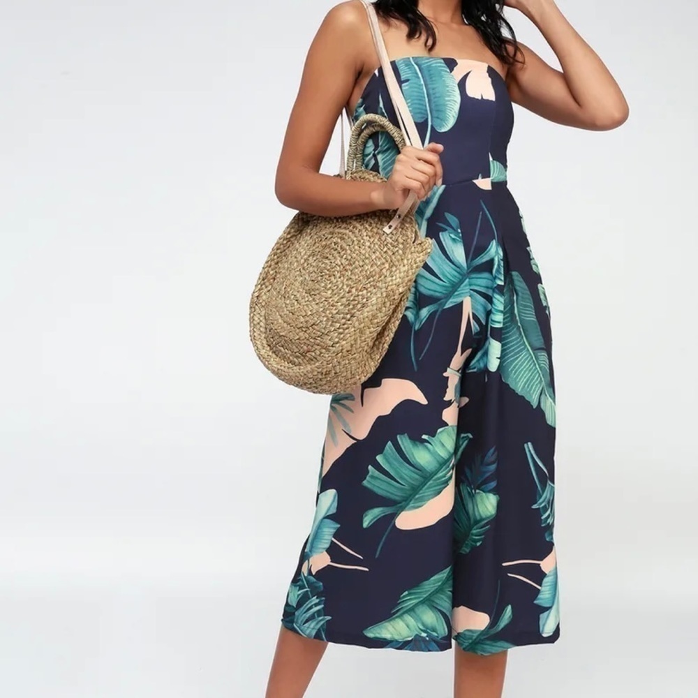 Lulu’s Rainforest Blooms Navy Blue Print Strapless Midi Jumpsuit Size Medium